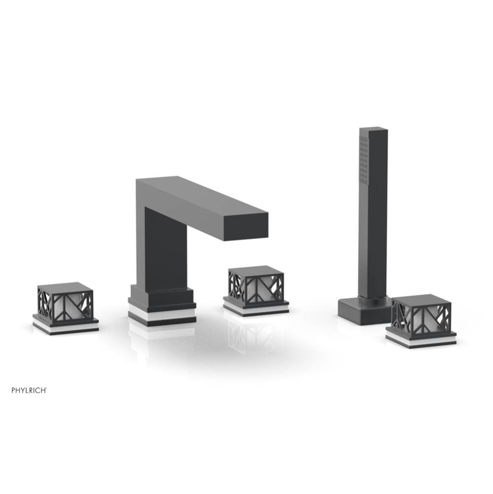 Gunmetal Gray Jolie 5-Hole Deck Tub Filler With Rectangular Spout, Square Cutaway Handles, And Glo