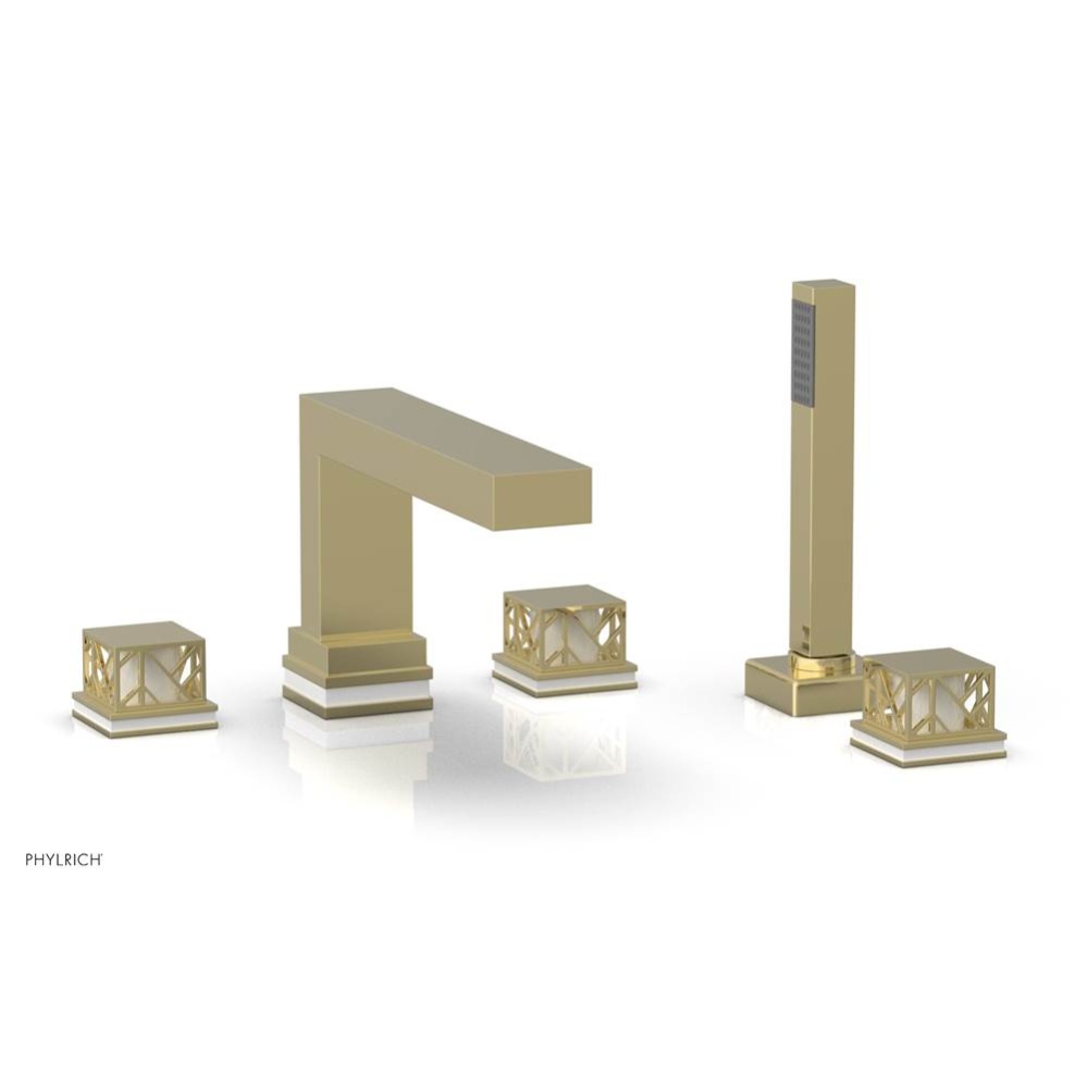 Polished Brass Jolie 5-Hole Deck Tub Filler With Rectangular Spout, Square Cutaway Handles, And Gl