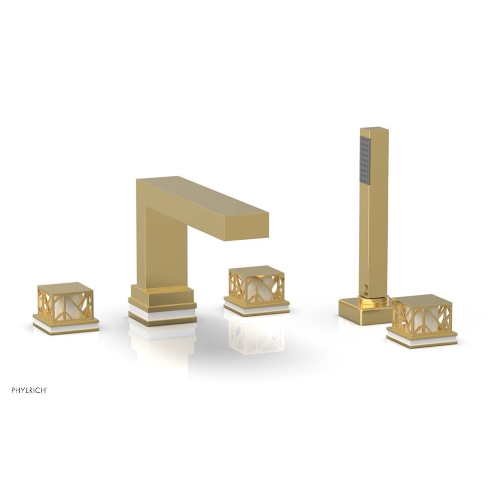 Polished Gold Jolie 5-Hole Deck Tub Filler With Rectangular Spout, Square Cutaway Handles, And Glo