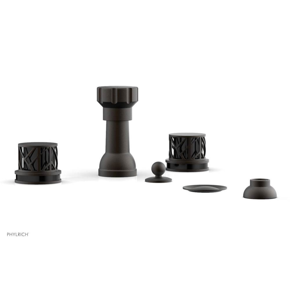 Oil Rubbed Bronze Jolie Four Hole Bidet Set With Spout, Round Cutaway Handles, And Black Accents