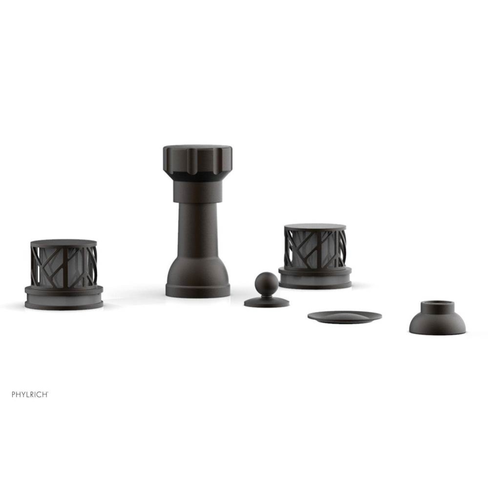 Oil Rubbed Bronze Jolie Four Hole Bidet Set With Spout, Round Cutaway Handles, And Grey Accents