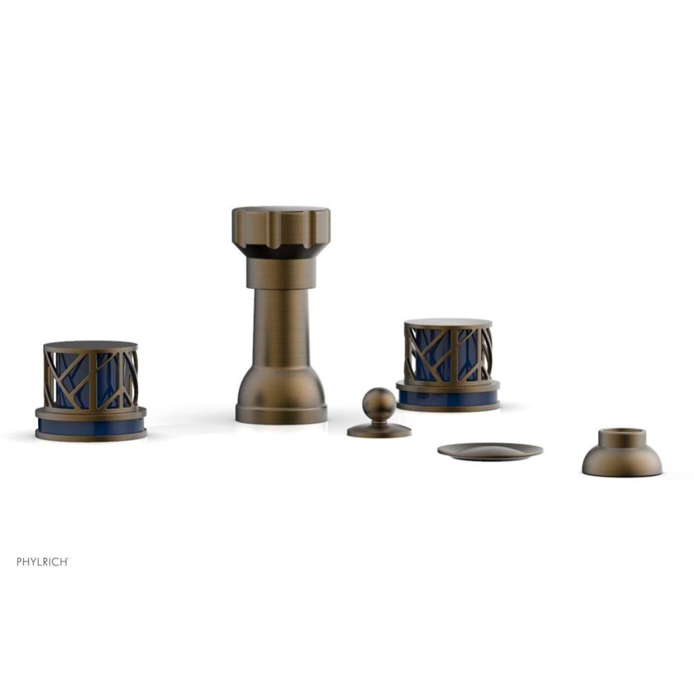 Old English Brass Jolie Four Hole Bidet Set With Spout, Round Cutaway Handles, And Navy Blue Accen