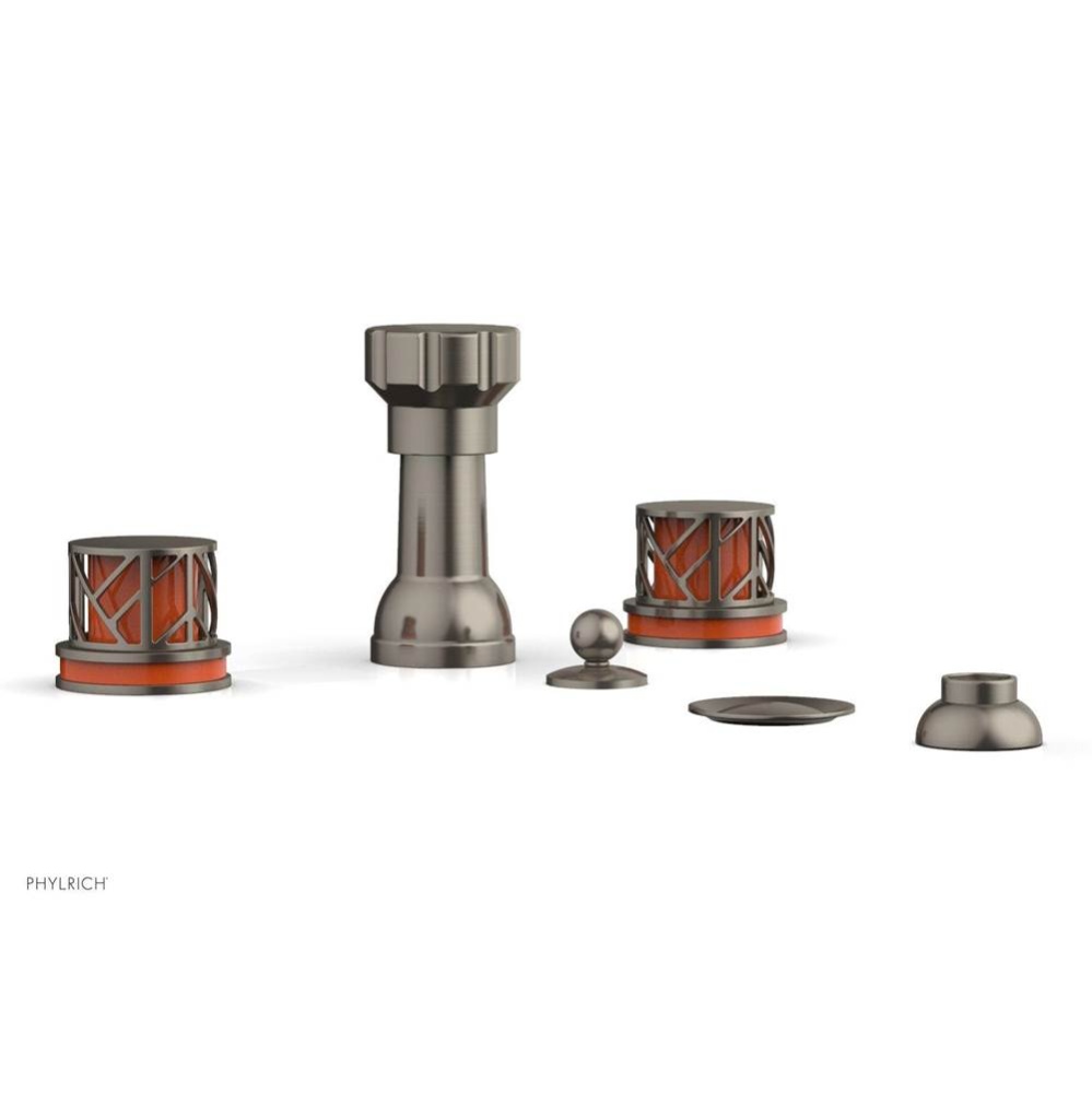 Pewter Jolie Four Hole Bidet Set With Spout, Round Cutaway Handles, And Orange Accents