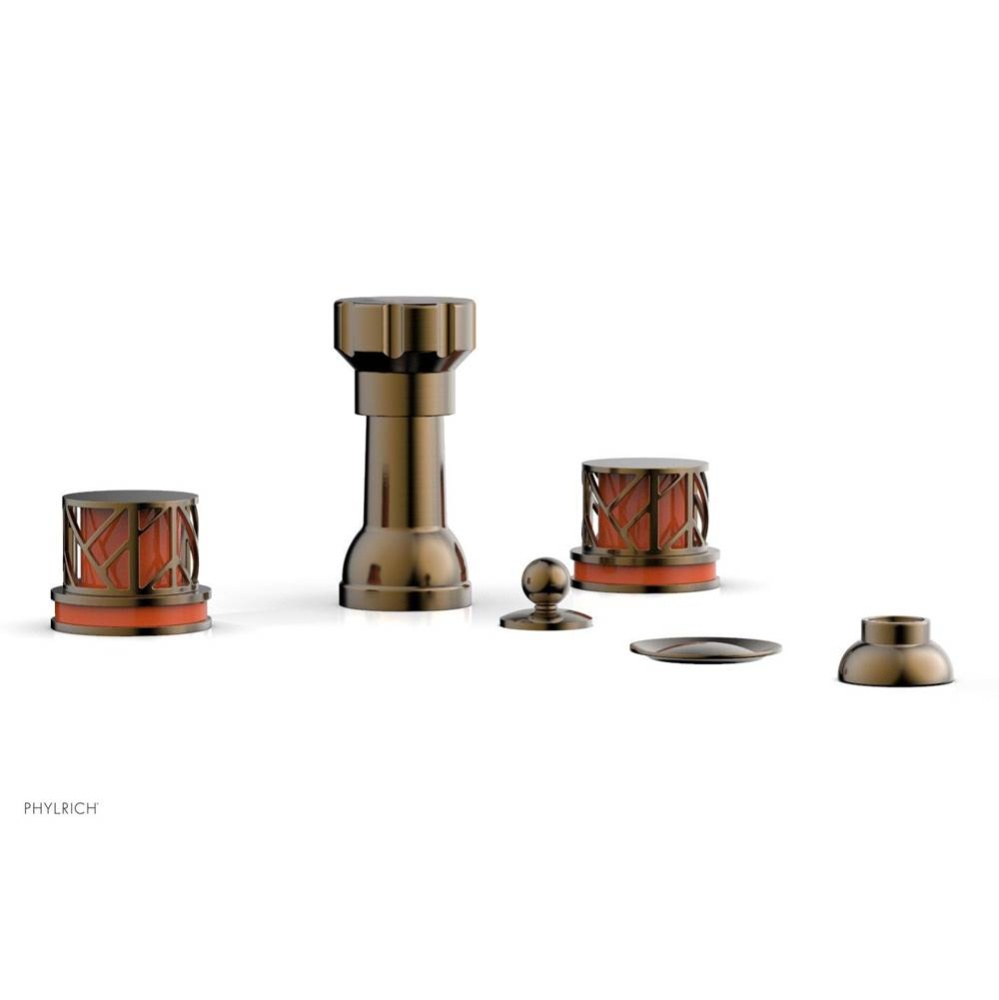 Antique Brass Jolie Four Hole Bidet Set With Spout, Round Cutaway Handles, And Orange Accents