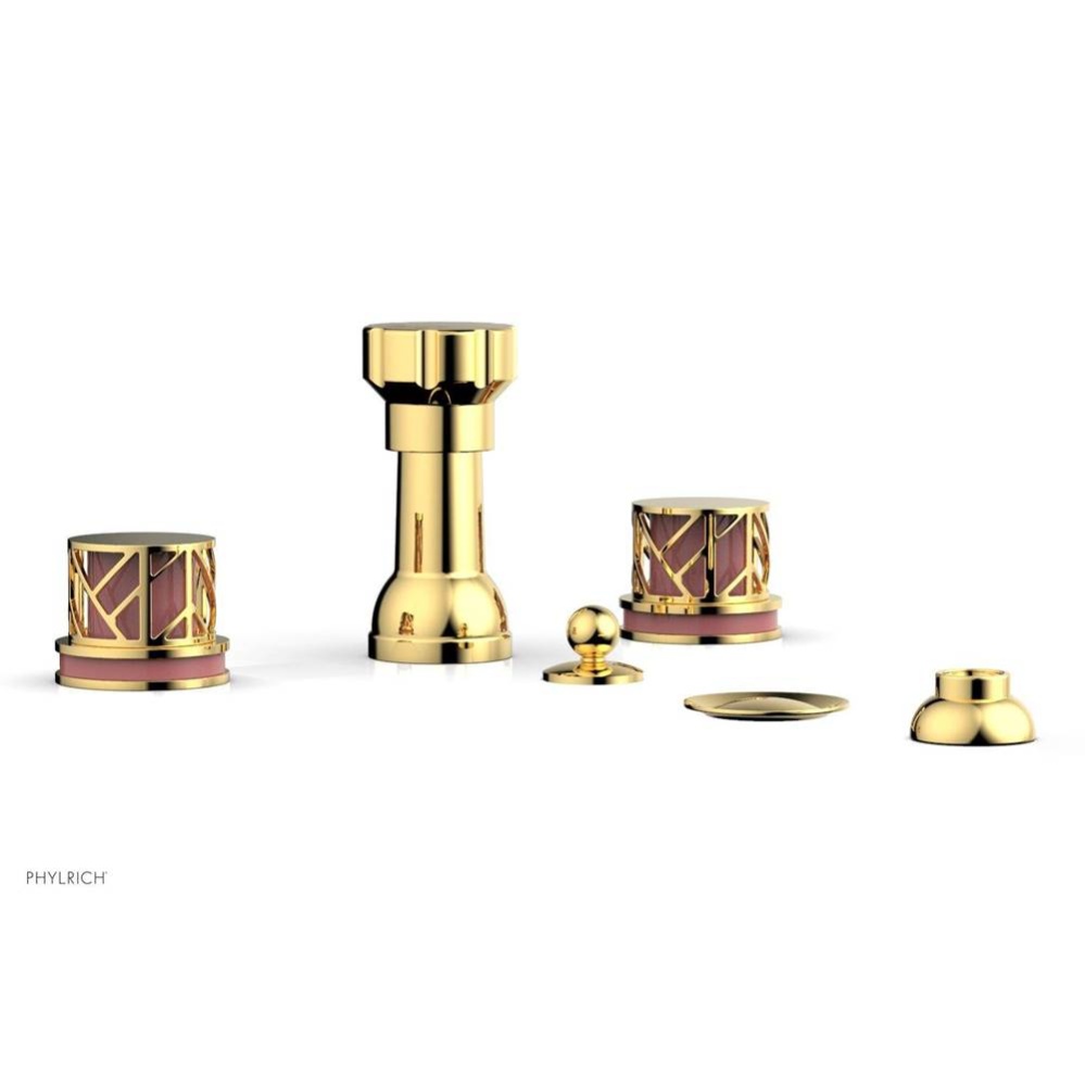 Polished Gold Jolie Four Hole Bidet Set With Spout, Round Cutaway Handles, And Pink Accents