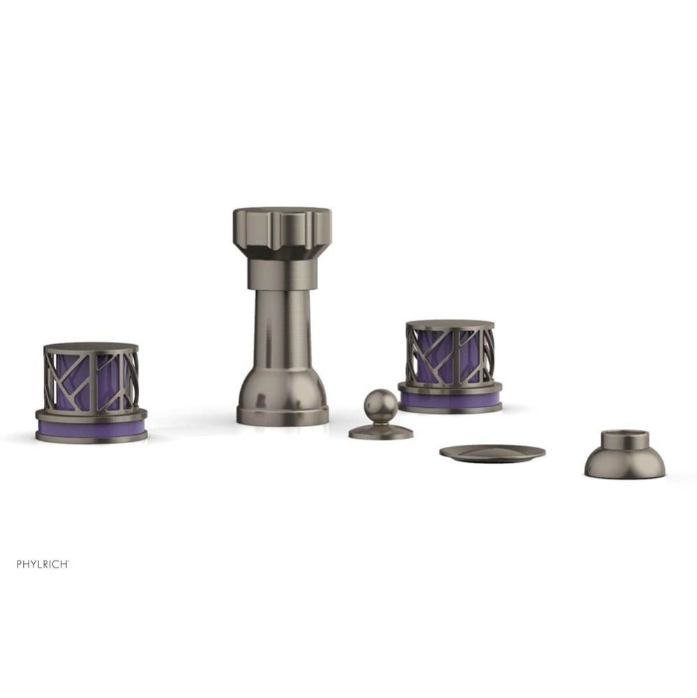 Pewter Jolie Four Hole Bidet Set With Spout, Round Cutaway Handles, And Purple Accents