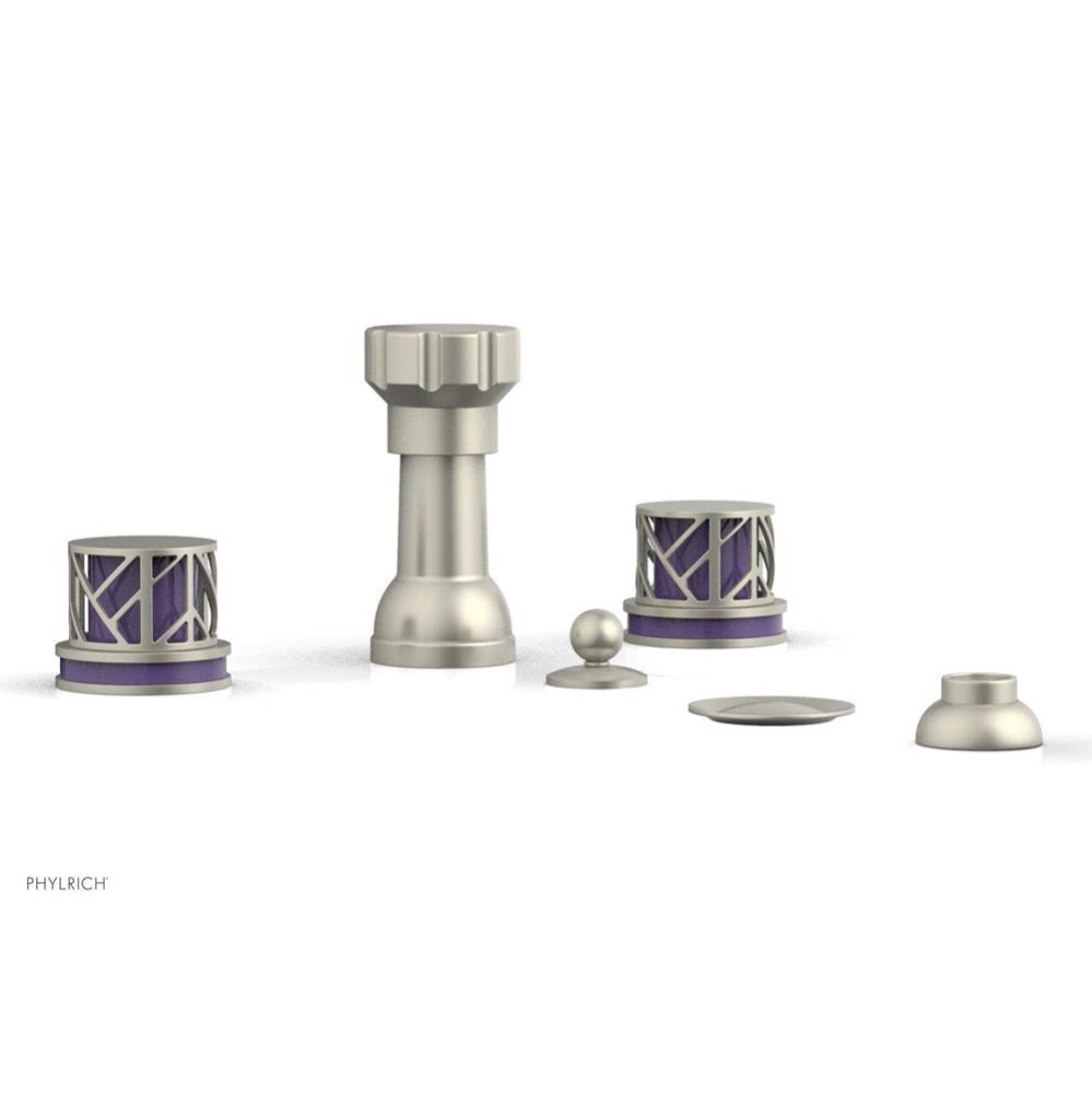 Burnished Nickel Jolie Four Hole Bidet Set With Spout, Round Cutaway Handles, And Purple Accents