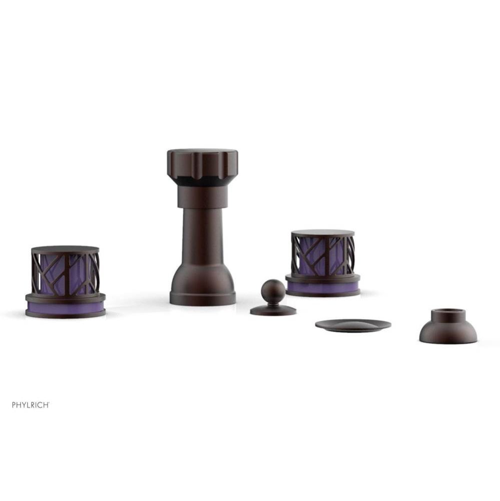 Weathered Copper Jolie Four Hole Bidet Set With Spout, Round Cutaway Handles, And Purple Accents