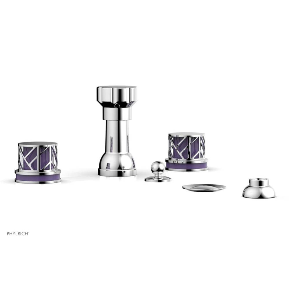 Polished Chrome Jolie Four Hole Bidet Set With Spout, Round Cutaway Handles, And Purple Accents