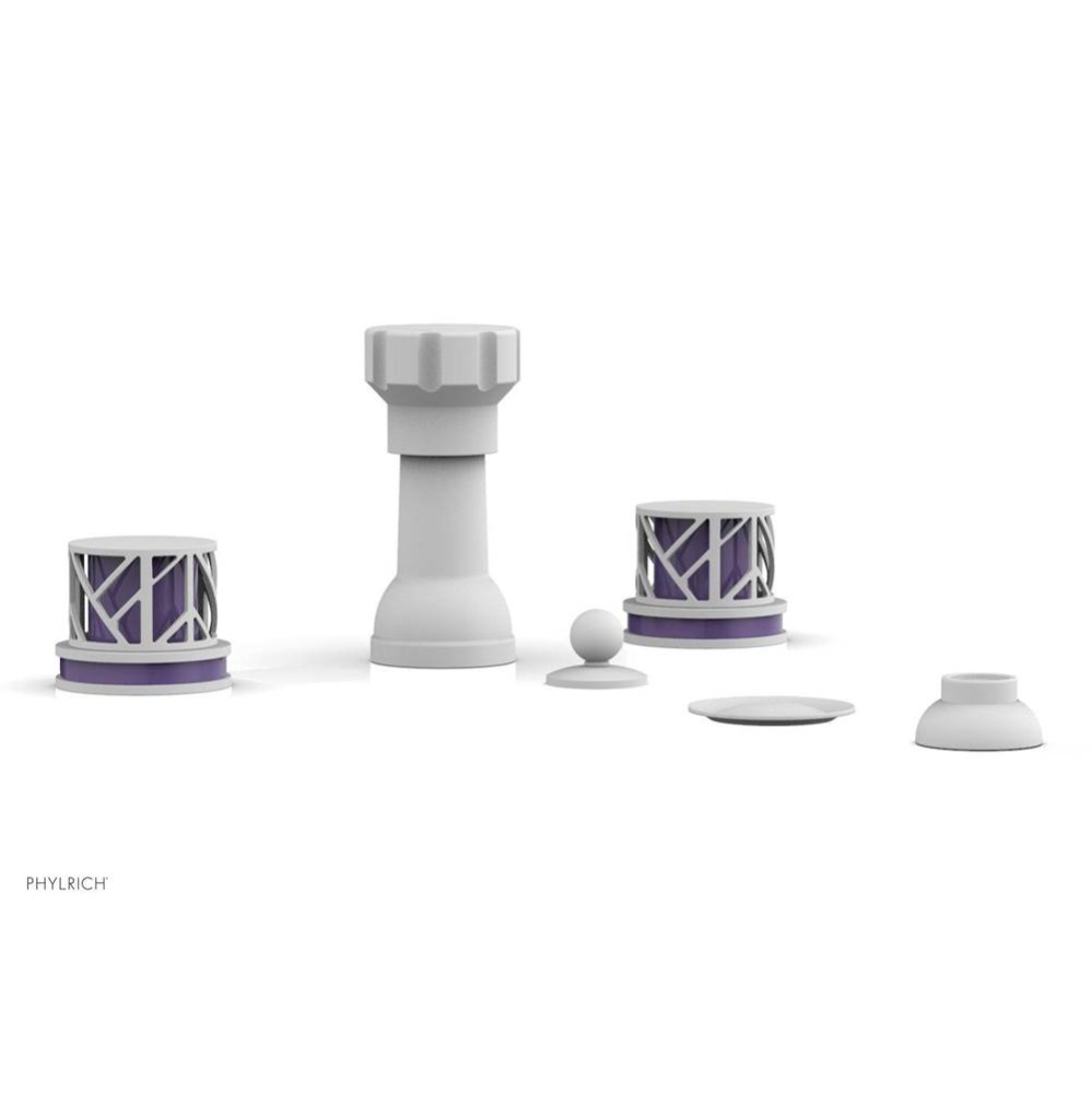 Satin White Jolie Four Hole Bidet Set With Spout, Round Cutaway Handles, And Purple Accents