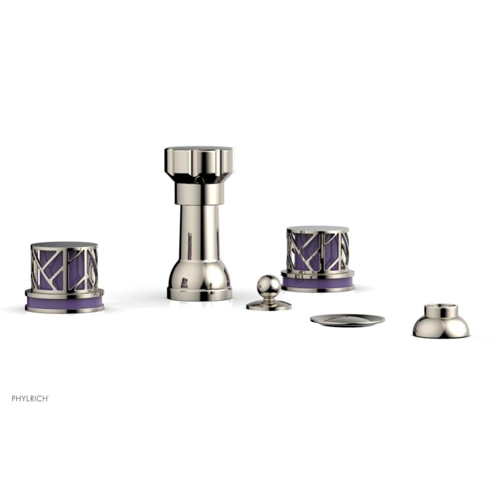 Polished Nickel Jolie Four Hole Bidet Set With Spout, Round Cutaway Handles, And Purple Accents