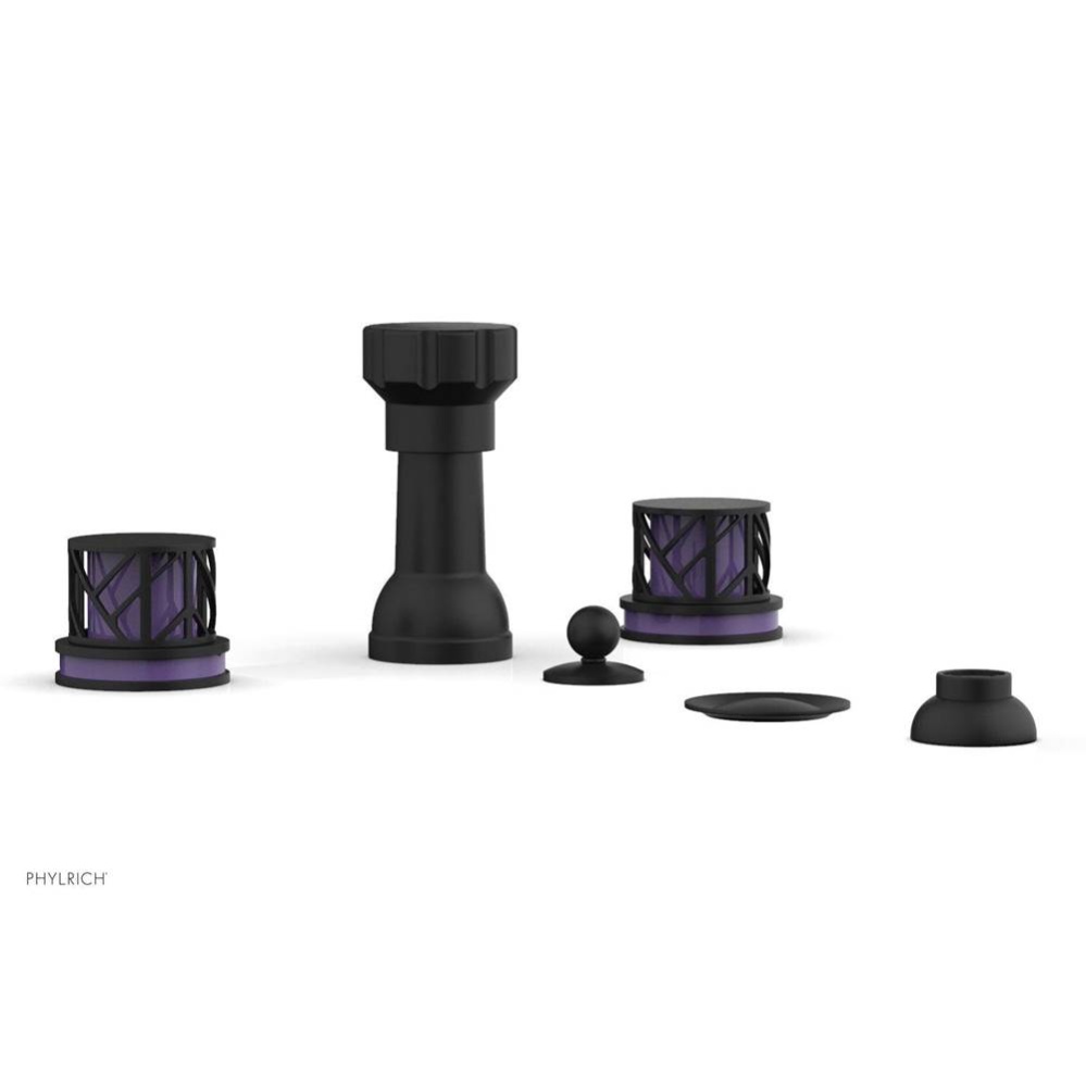 Matte Black Jolie Four Hole Bidet Set With Spout, Round Cutaway Handles, And Purple Accents