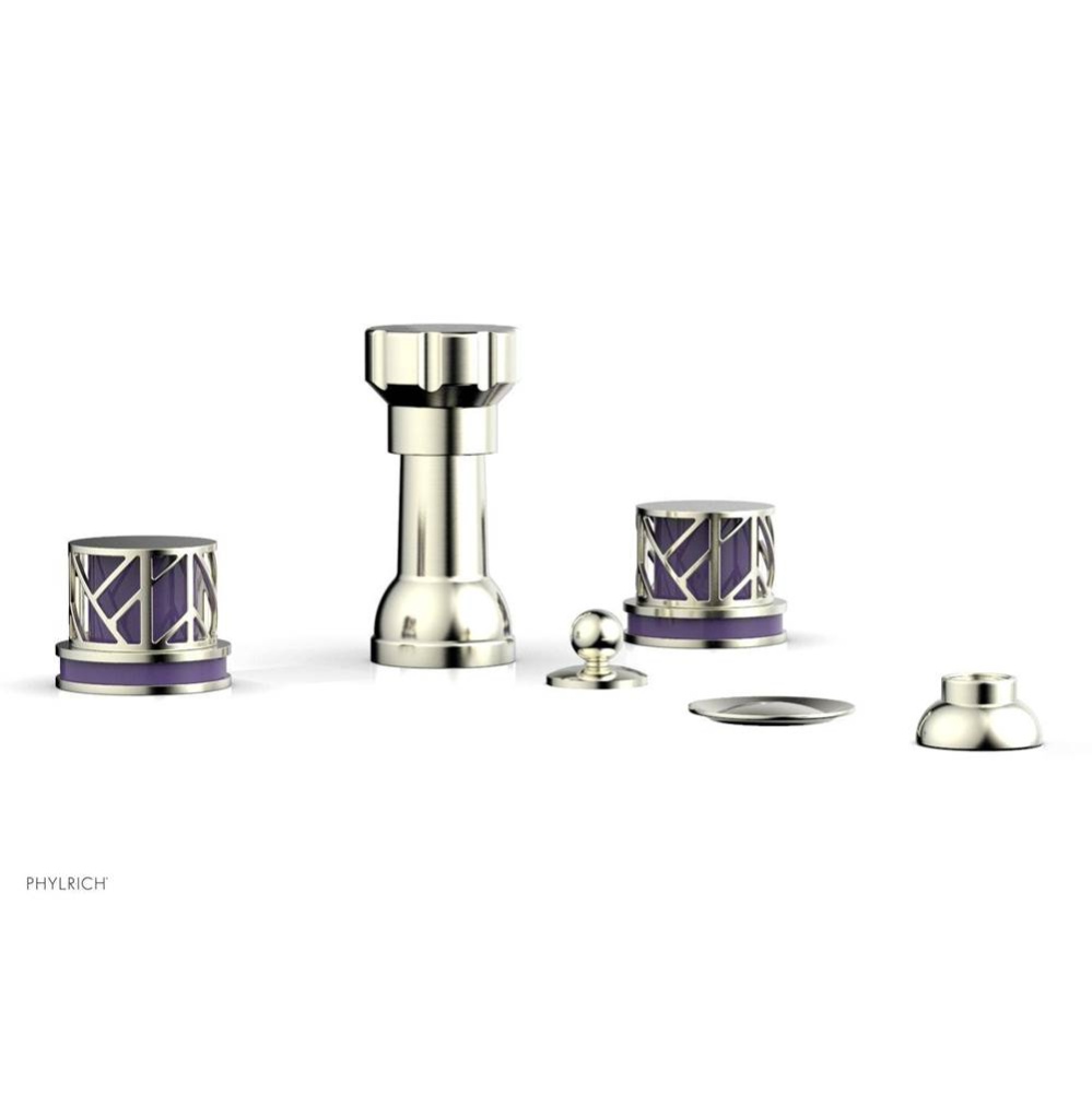 Satin Nickel Jolie Four Hole Bidet Set With Spout, Round Cutaway Handles, And Purple Accents
