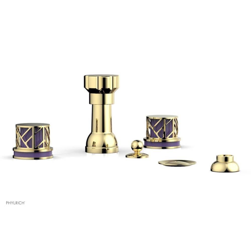 Polished Brass Jolie Four Hole Bidet Set With Spout, Round Cutaway Handles, And Purple Accents