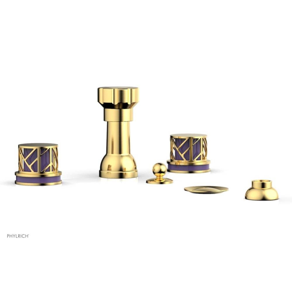 Satin Gold Jolie Four Hole Bidet Set With Spout, Round Cutaway Handles, And Purple Accents