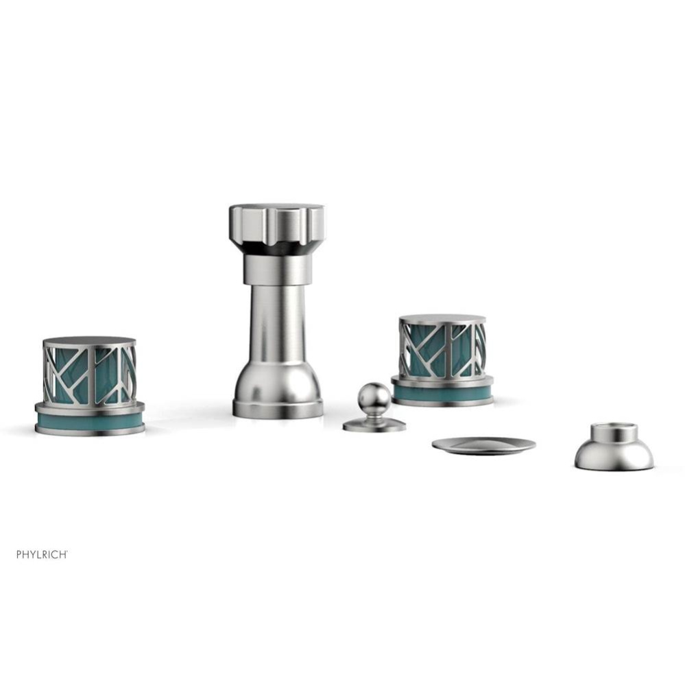 Satin Chrome Jolie Four Hole Bidet Set With Spout, Round Cutaway Handles, And Turquoise Accents