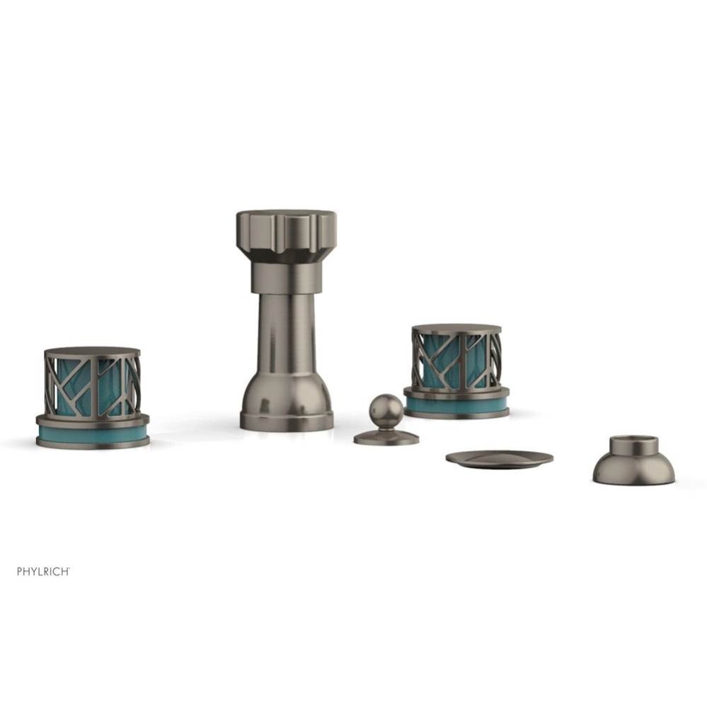 Pewter Jolie Four Hole Bidet Set With Spout, Round Cutaway Handles, And Turquoise Accents