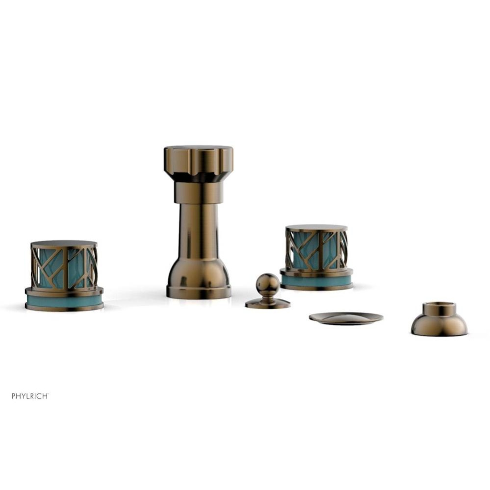 Antique Brass Jolie Four Hole Bidet Set With Spout, Round Cutaway Handles, And Turquoise Accents