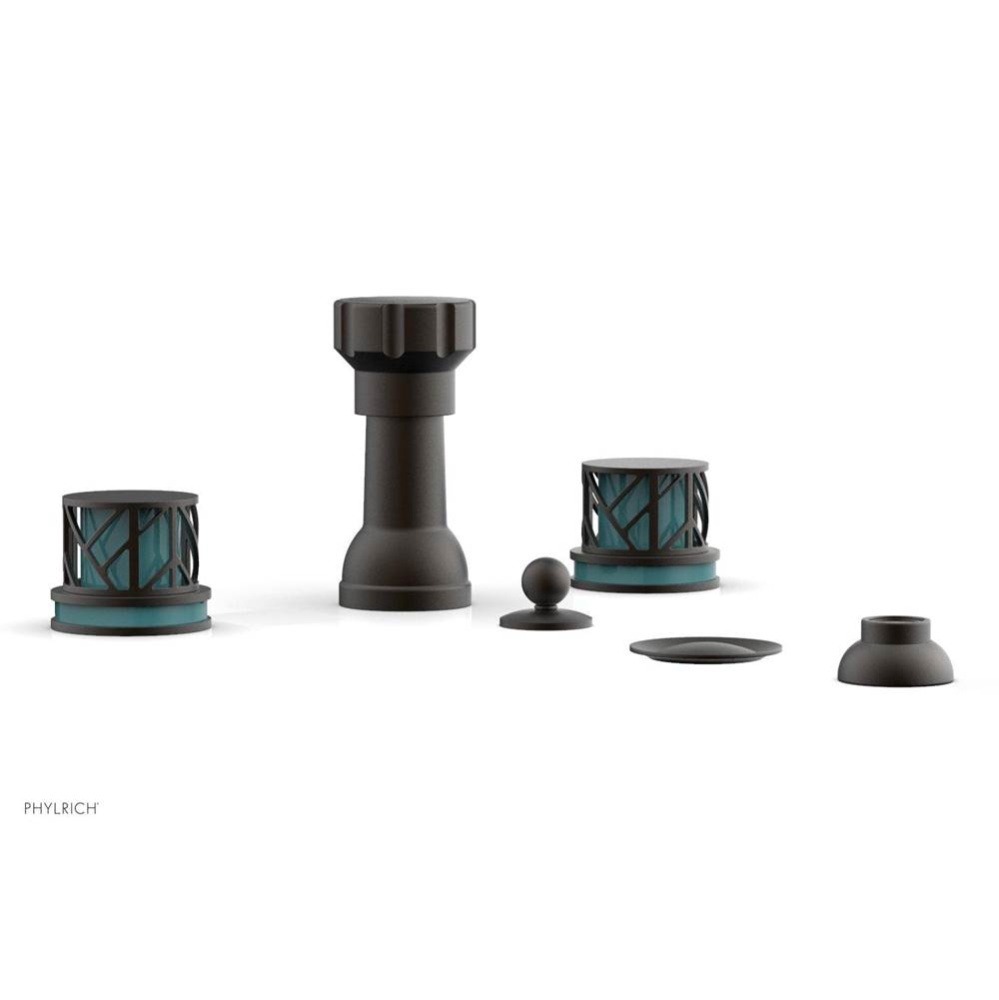 Oil Rubbed Bronze Jolie Four Hole Bidet Set With Spout, Round Cutaway Handles, And Turquoise Accen