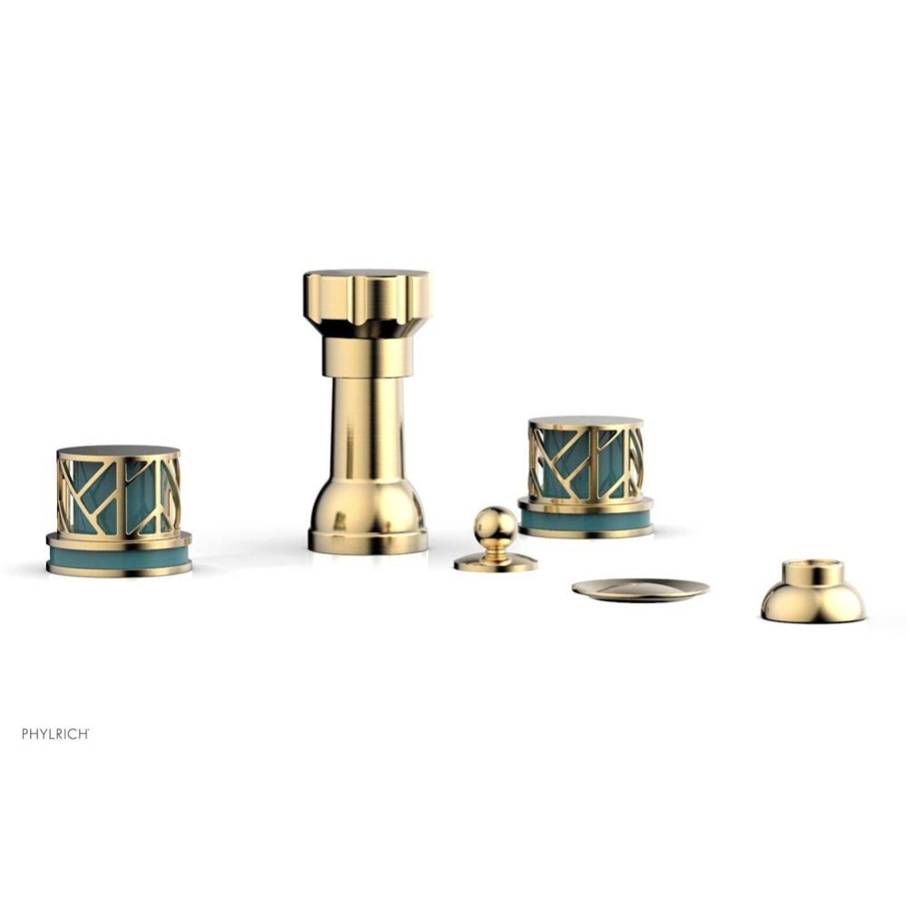 Satin Brass Jolie Four Hole Bidet Set With Spout, Round Cutaway Handles, And Turquoise Accents