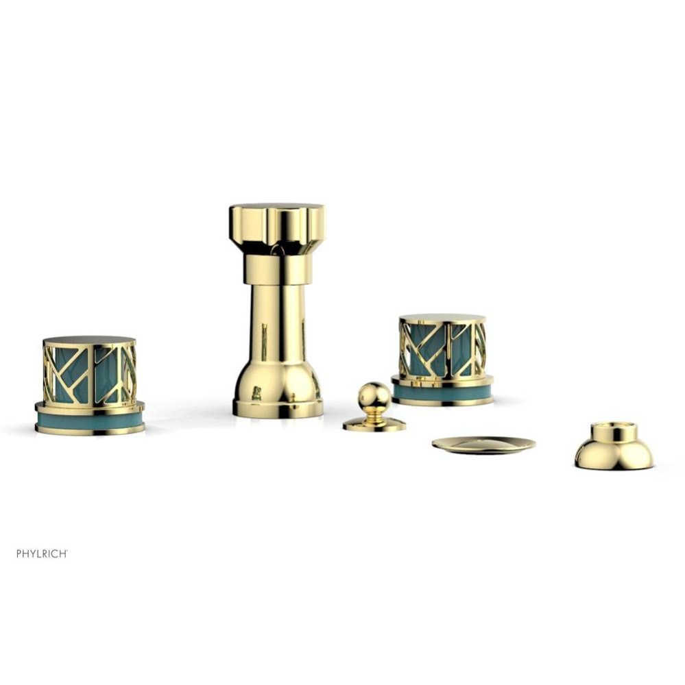 Polished Brass Jolie Four Hole Bidet Set With Spout, Round Cutaway Handles, And Turquoise Accents
