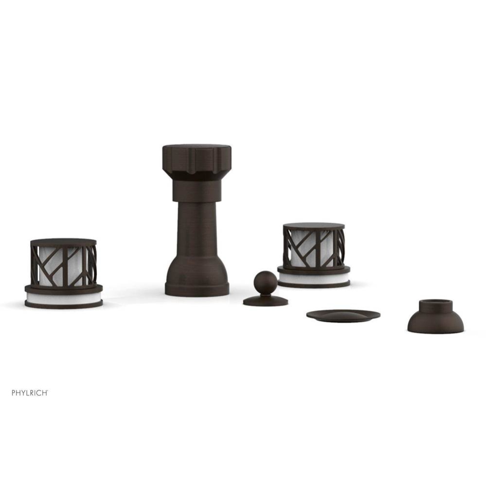 Antique Bronze Jolie Four Hole Bidet Set With Spout, Round Cutaway Handles, And Gloss White Accent