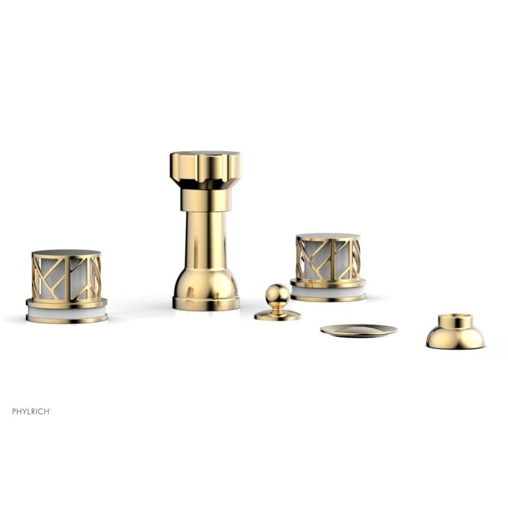Satin Brass Jolie Four Hole Bidet Set With Spout, Round Cutaway Handles, And Gloss White Accents
