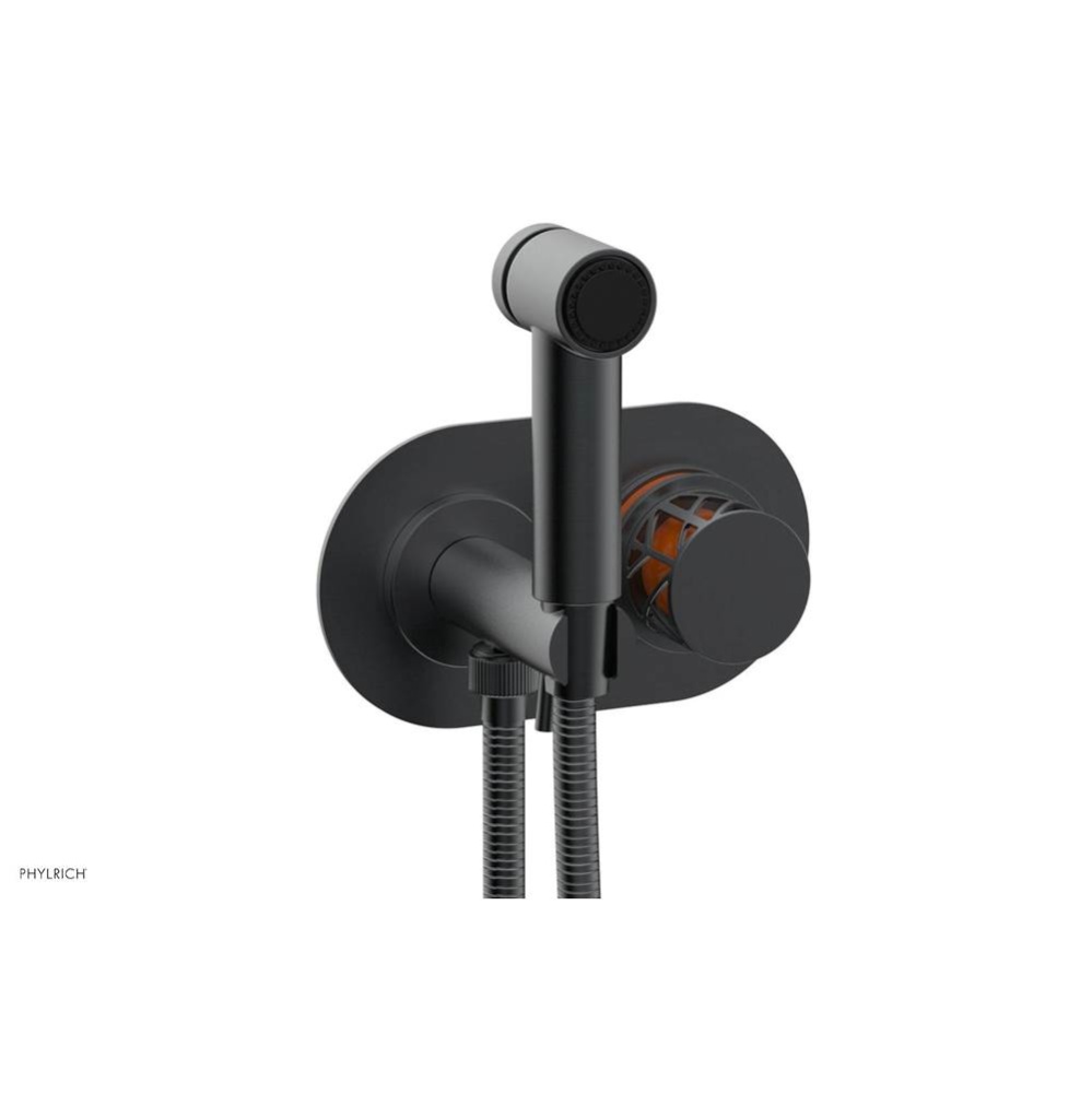 Gunmetal Gray Jolie Wall Mounted Bidet Set With Oval Trim, Round Cutaway Handle, And Orange Accent