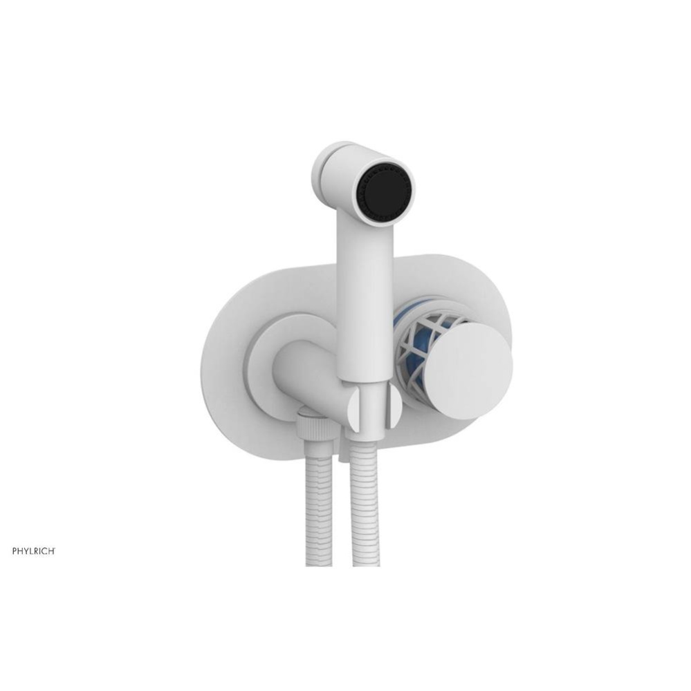 Satin White Jolie Wall Mounted Bidet Set With Oval Trim, Round Cutaway Handle, And Light Blue Acce
