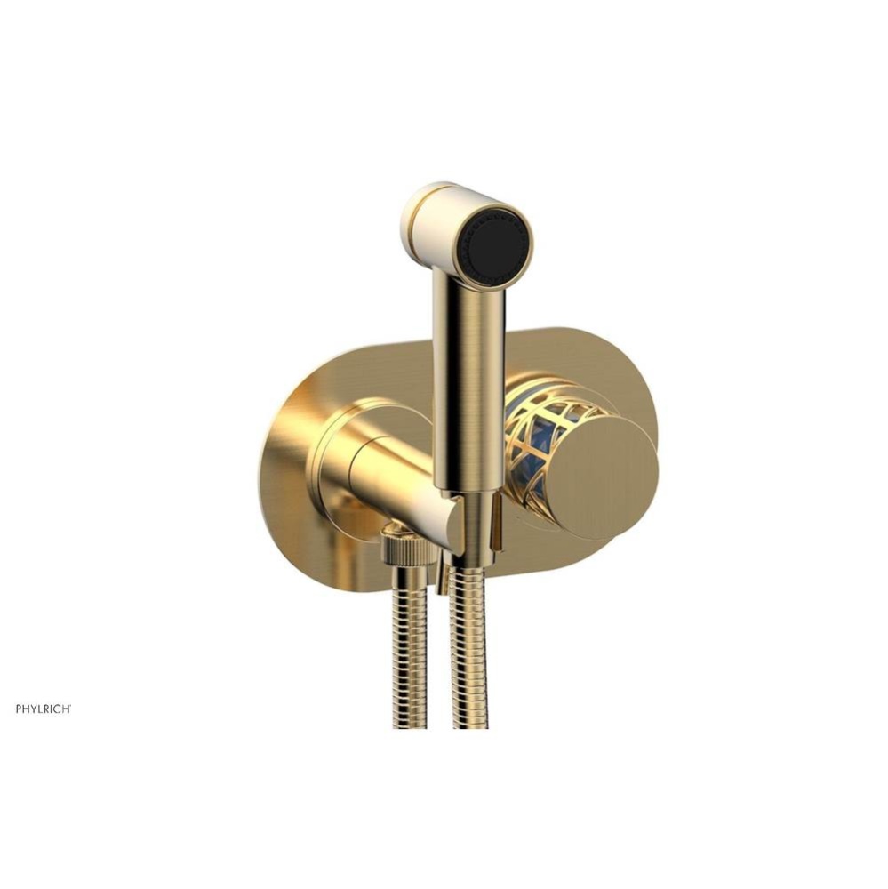 Satin Brass Jolie Wall Mounted Bidet Set With Oval Trim, Round Cutaway Handle, And Light Blue Acce