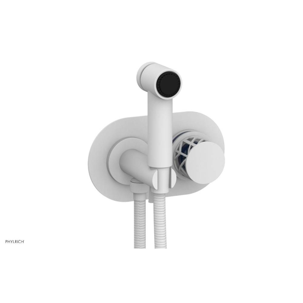 Satin White Jolie Wall Mounted Bidet Set With Oval Trim, Round Cutaway Handle, And Navy Blue Accen