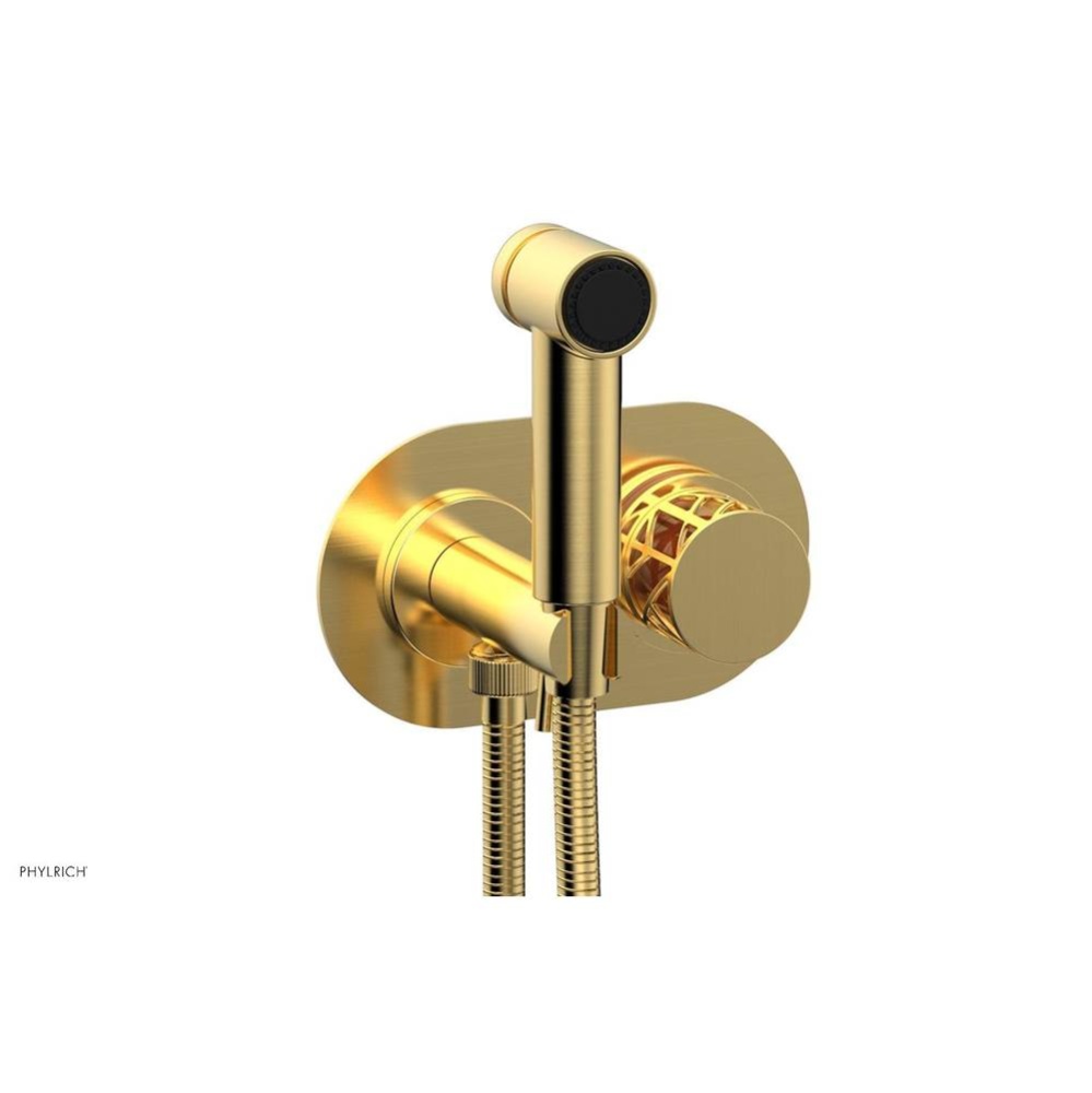 Satin Gold Jolie Wall Mounted Bidet Set With Oval Trim, Round Cutaway Handle, And Orange Accents