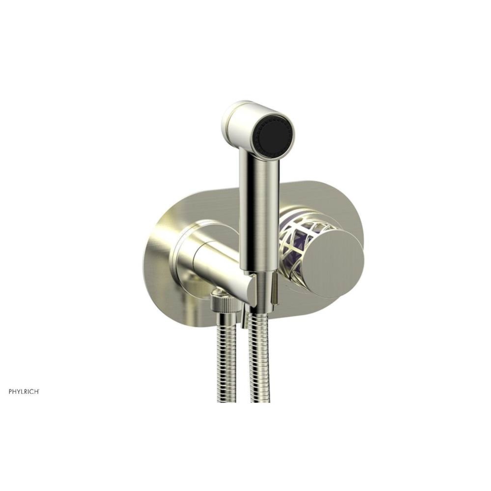 Satin Nickel Jolie Wall Mounted Bidet Set With Oval Trim, Round Cutaway Handle, And Purple Accents