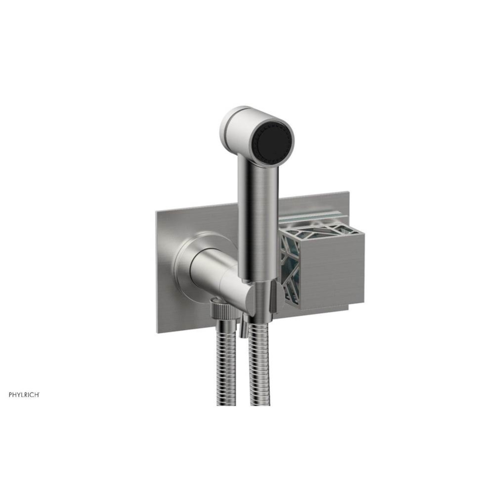 Satin Chrome Jolie Wall Mounted Bidet Set With Rectangular Trim, Square Cutaway Handle, And Turquo