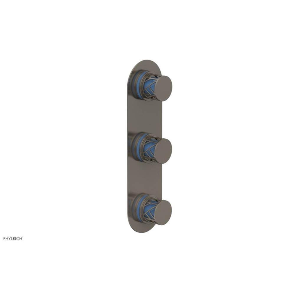 Pewter Jolie Oval Thermostatic Trim With Two Volume Controls, Round Cutaway Handles, And Light Blu