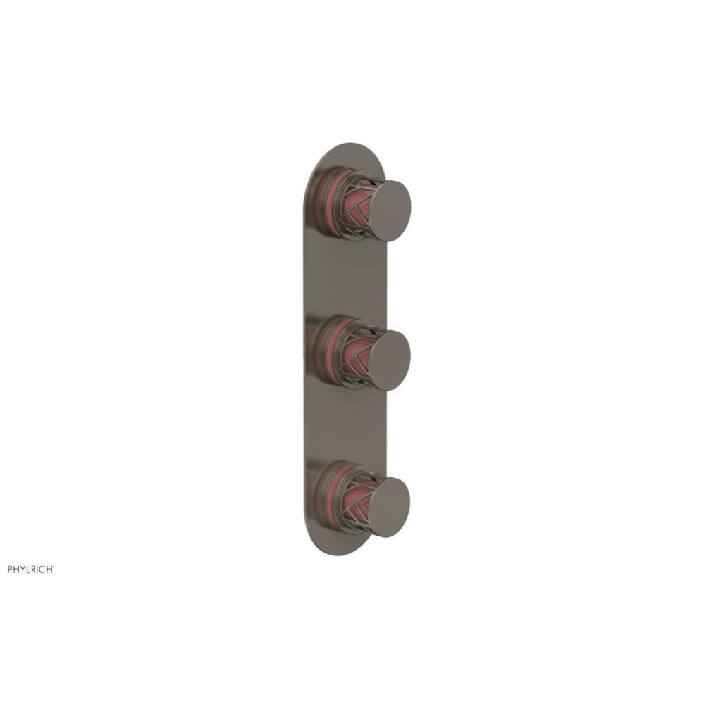 Pewter Jolie Oval Thermostatic Trim With Two Volume Controls, Round Cutaway Handles, And Pink Acce
