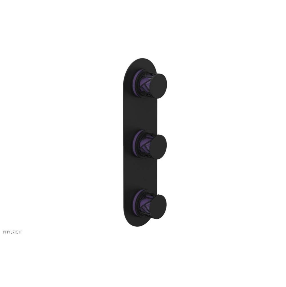 Matte Black Jolie Oval Thermostatic Trim With Two Volume Controls, Round Cutaway Handles, And Purp