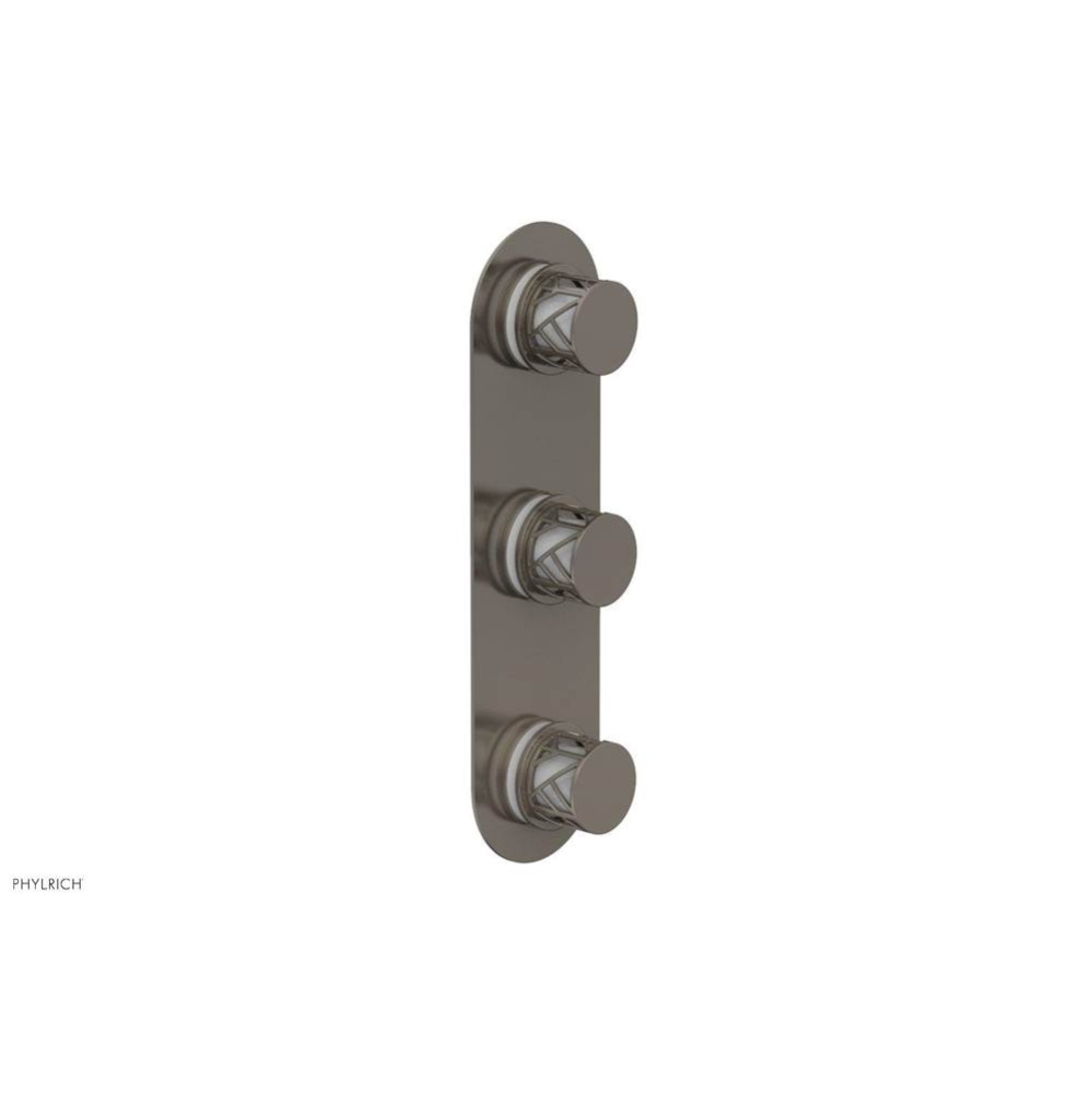 Pewter Jolie Oval Thermostatic Trim With Two Volume Controls, Round Cutaway Handles, And Gloss Whi