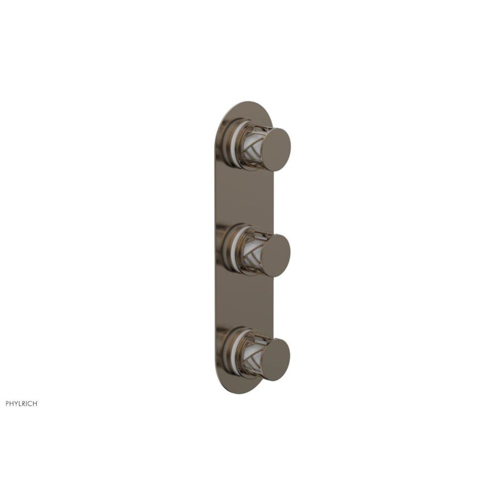 Antique Brass Jolie Oval Thermostatic Trim With Two Volume Controls, Round Cutaway Handles, And Gl