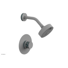 Phylrich 222-21-050X049 - Satin White Jolie Pressure Balance Shower Set With Round Trim, Round Cutaway Handle, And Turquoise