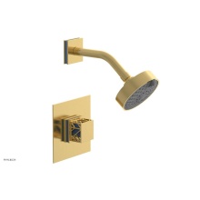 Phylrich 222-22/024X043 - Satin Gold Jolie Pressure Balance Shower Set With Square Trim, Square Cutaway Handle, And Light Bl