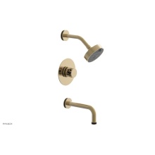Phylrich 222-26/004X041 - Satin Brass Jolie Pressure Balance Tub & Shower Set With Round Trim, Tubular Tub Spout, Round