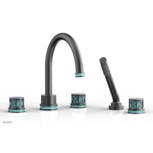Phylrich 222-48-15GX049 - Gunmetal Gray Jolie 5-Hole Deck Tub Filler With Gooseneck Spout, Round Cutaway Handles, And Turquo