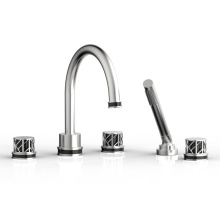 Phylrich 222-48/26DX041 - Satin Chrome Jolie 5-Hole Deck Tub Filler With Gooseneck Spout, Round Cutaway Handles, And Black A