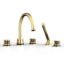 Phylrich 222-48/025X041 - Polished Gold Jolie 5-Hole Deck Tub Filler With Gooseneck Spout, Round Cutaway Handles, And Black