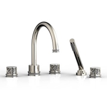 Phylrich 222-48/014X048 - Polished Nickel Jolie 5-Hole Deck Tub Filler With Gooseneck Spout, Round Cutaway Handles, And Grey