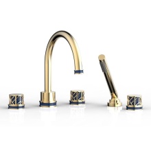 Phylrich 222-48/004X044 - Satin Brass Jolie 5-Hole Deck Tub Filler With Gooseneck Spout, Round Cutaway Handles, And Navy Blu