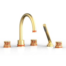 Phylrich 222-48-24BX042 - Burnished Gold Jolie 5-Hole Deck Tub Filler With Gooseneck Spout, Round Cutaway Handles, And Orang