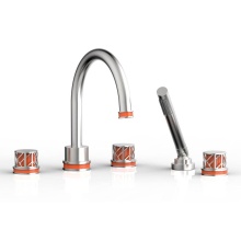 Phylrich 222-48/26DX042 - Satin Chrome Jolie 5-Hole Deck Tub Filler With Gooseneck Spout, Round Cutaway Handles, And Orange