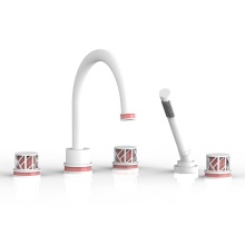 Phylrich 222-48-050X045 - Satin White Jolie 5-Hole Deck Tub Filler With Gooseneck Spout, Round Cutaway Handles, And Pink Acc